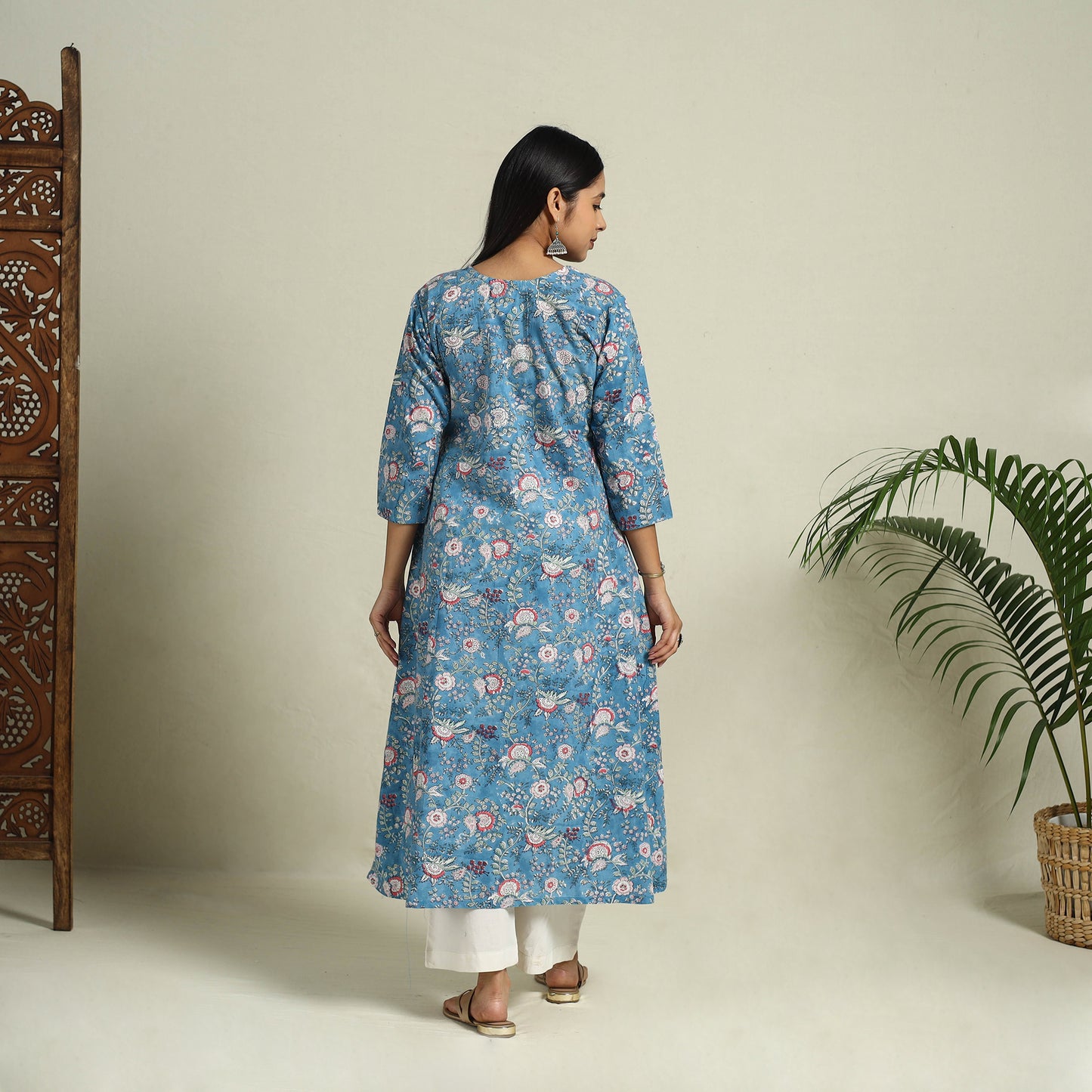 Buy Blue Block Print Cotton A-Line Sanganeri Kurta