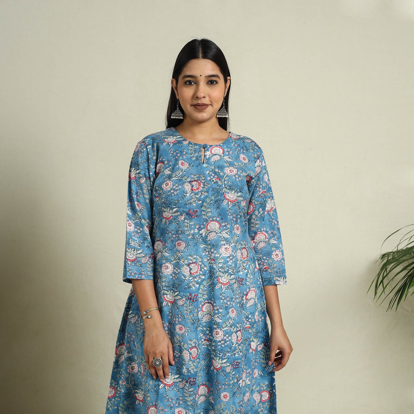 Buy Blue Block Print Cotton A-Line Sanganeri Kurta