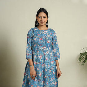 Buy Blue Block Print Cotton A-Line Sanganeri Kurta