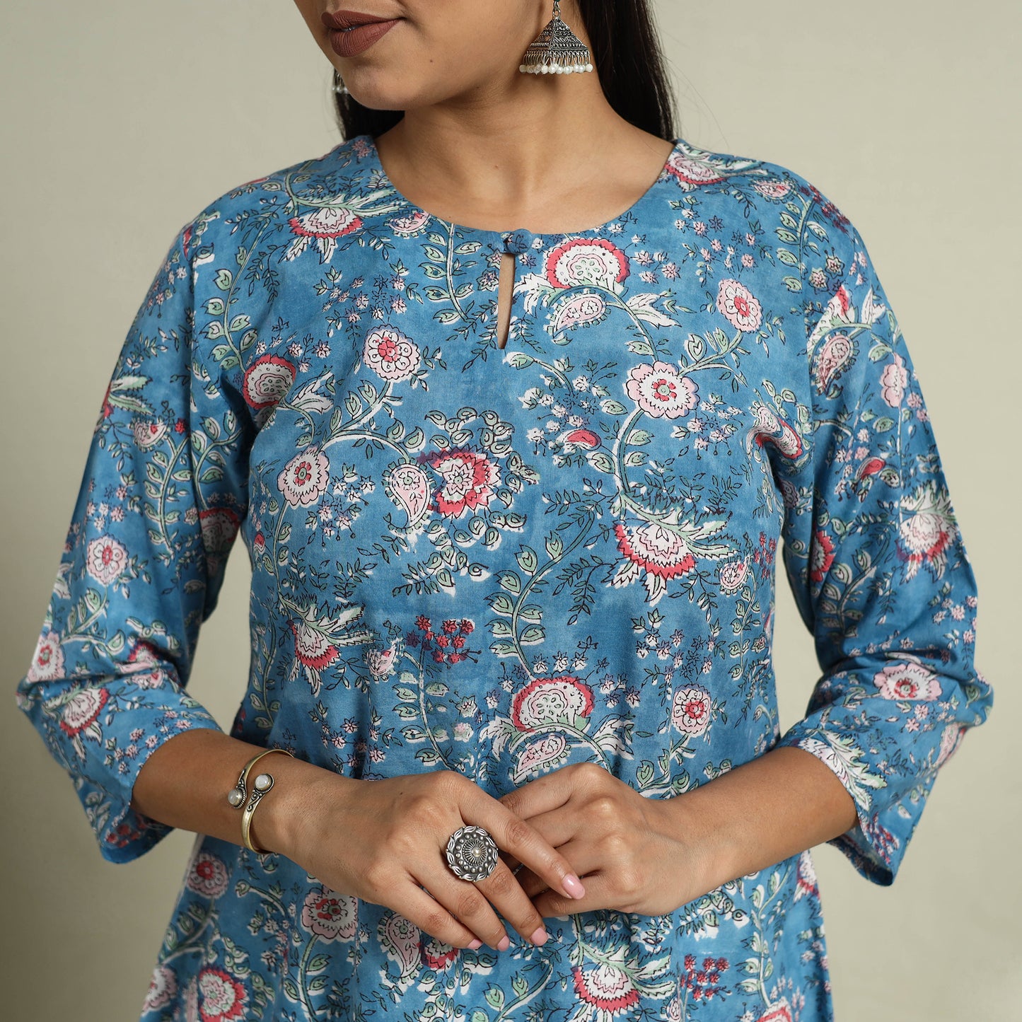 Buy Blue Block Print Cotton A-Line Sanganeri Kurta
