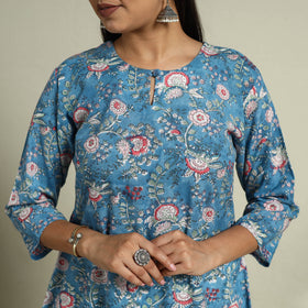 Buy Blue Block Print Cotton A-Line Sanganeri Kurta