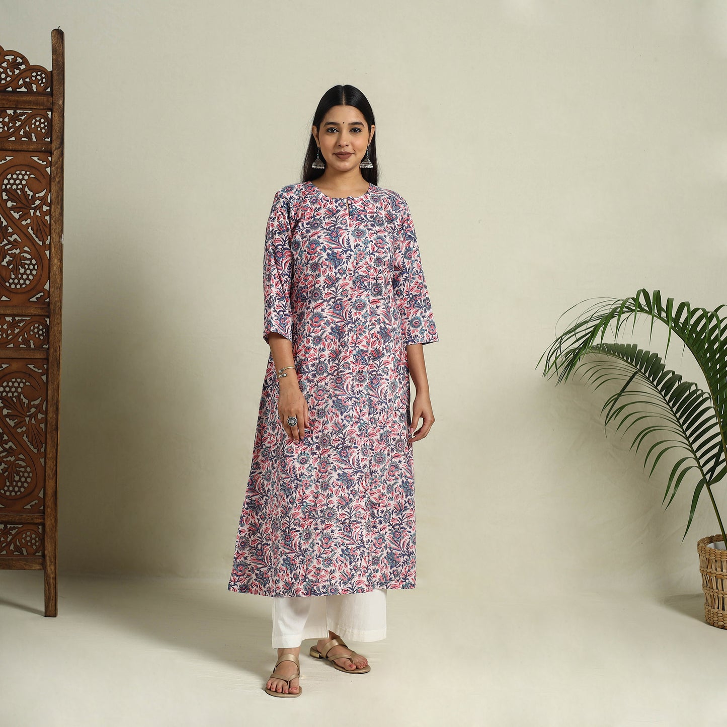 Multicolor - Block Print Cotton A-Line Sanganeri Kurta 04