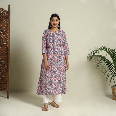 Multicolor - Block Print Cotton A-Line Sanganeri Kurta 04