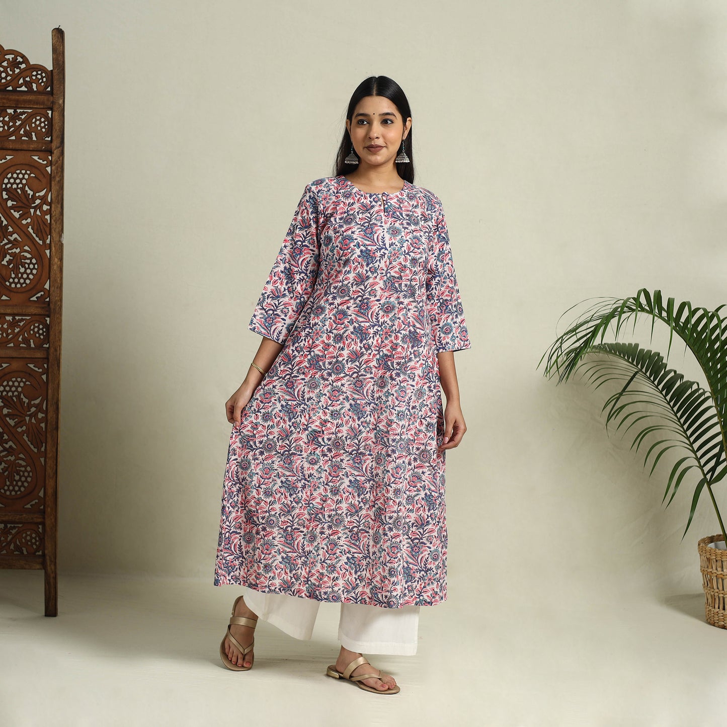 Multicolor - Block Print Cotton A-Line Sanganeri Kurta 04