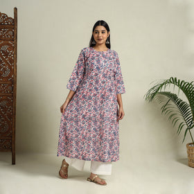 Multicolor - Block Print Cotton A-Line Sanganeri Kurta 04