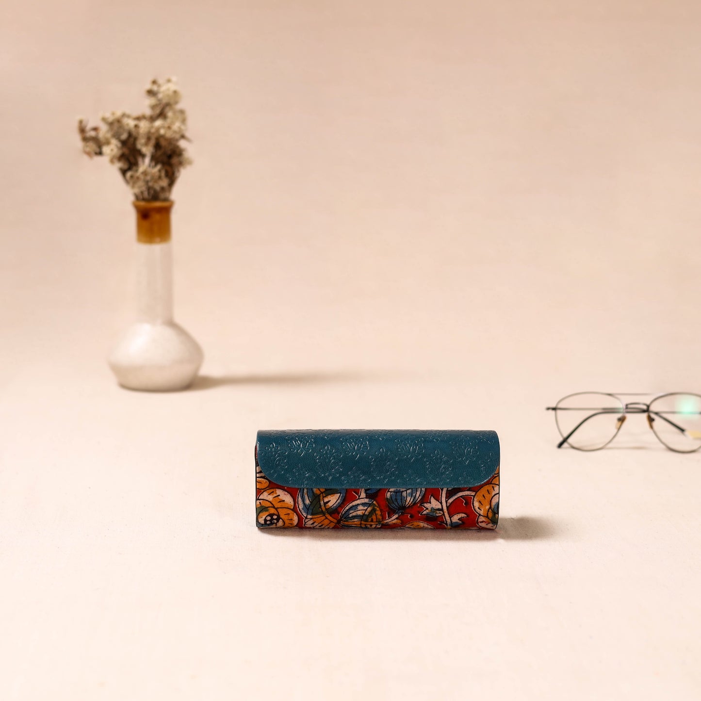 Embossed Leather Flap Kalamkari Spectacle Case by Asalkaar 03