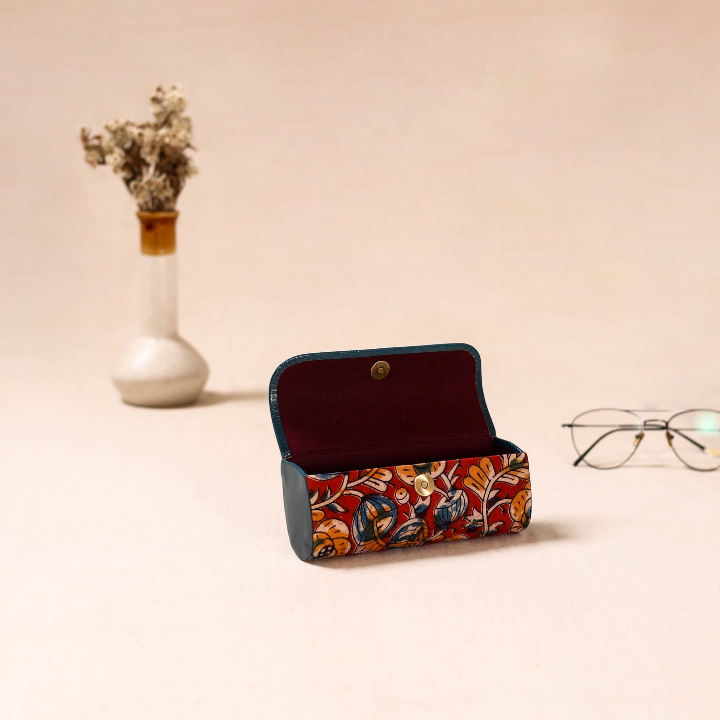 Embossed Leather Flap Kalamkari Spectacle Case by Asalkaar 03