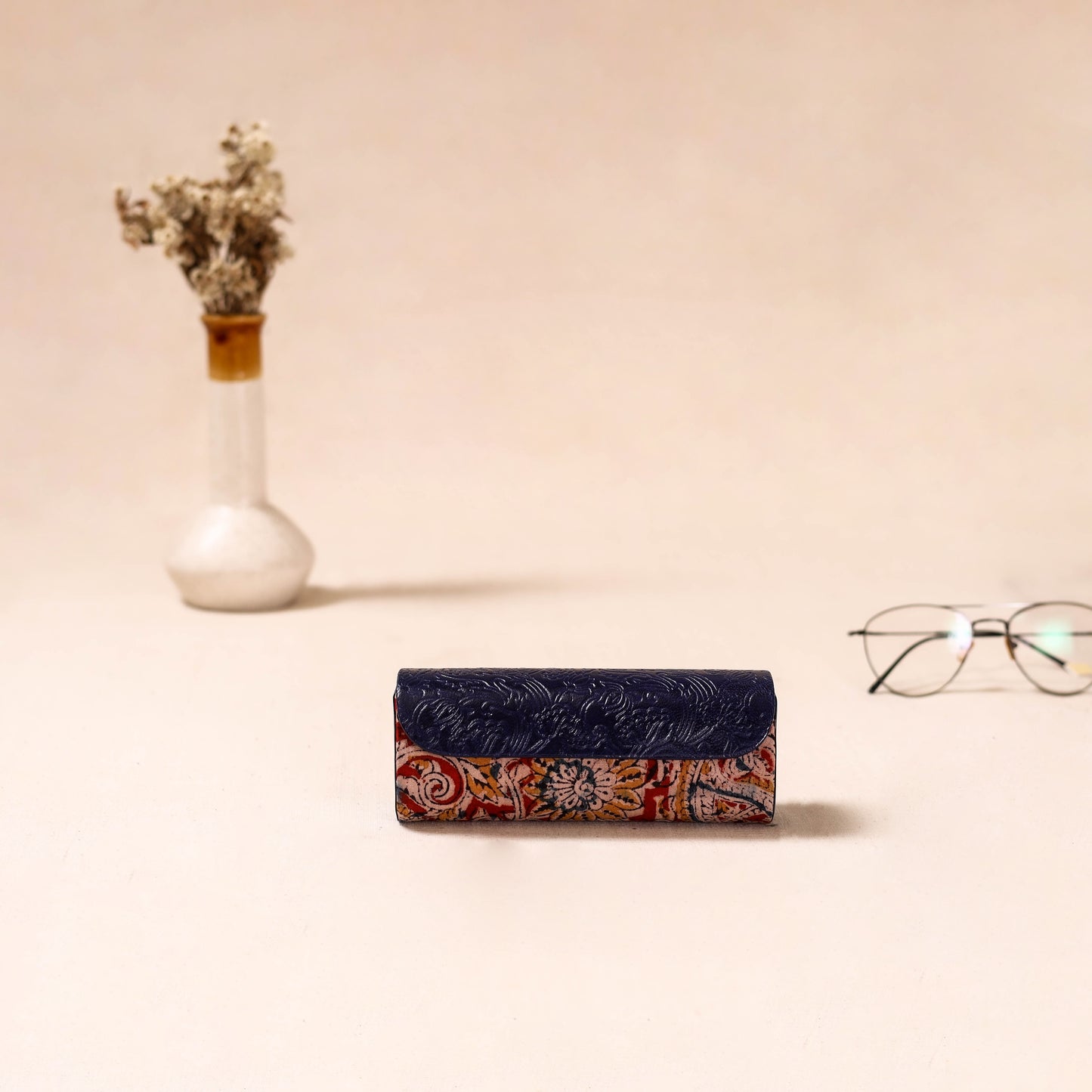 Embossed Leather Flap Kalamkari Spectacle Case by Asalkaar 06