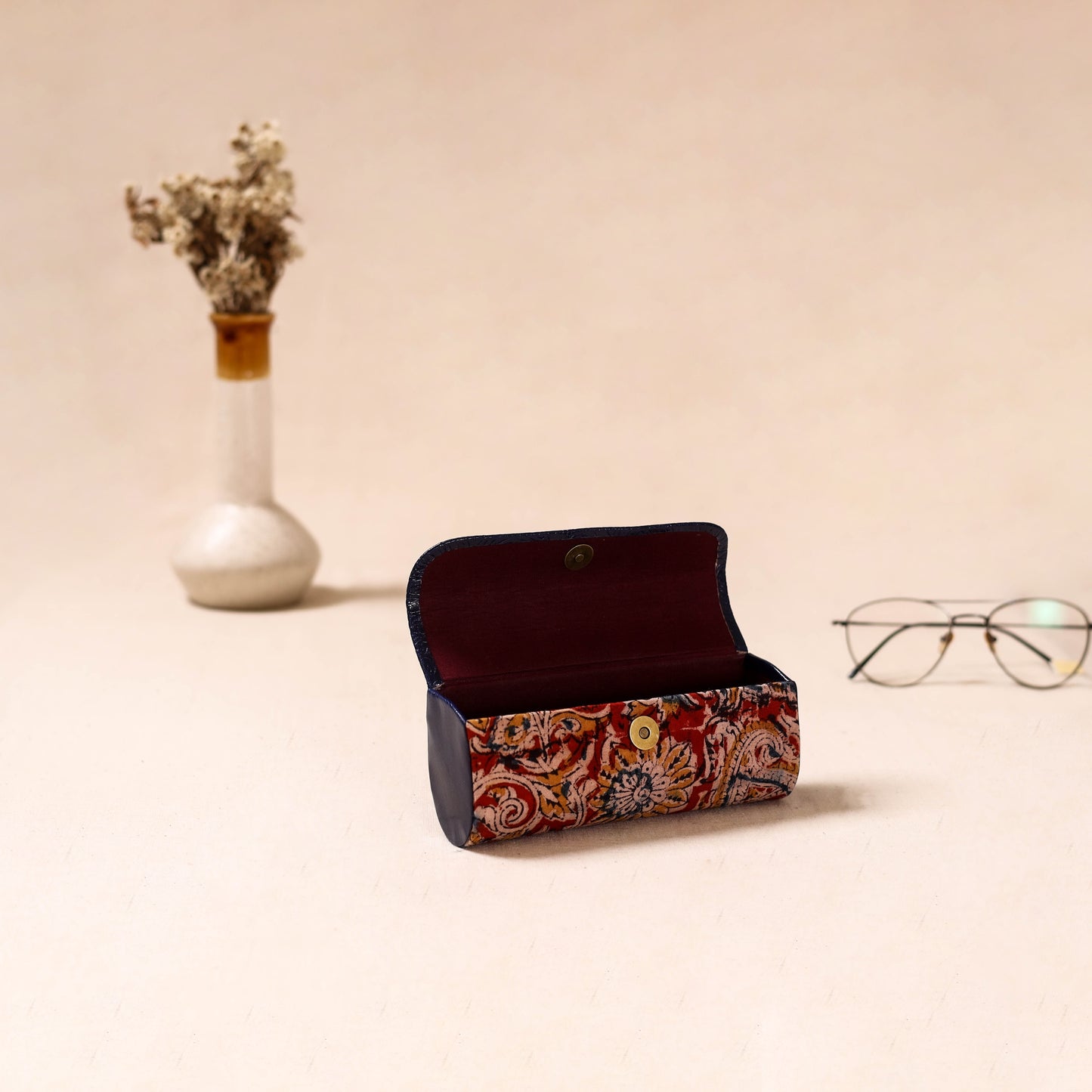 Embossed Leather Flap Kalamkari Spectacle Case by Asalkaar 06