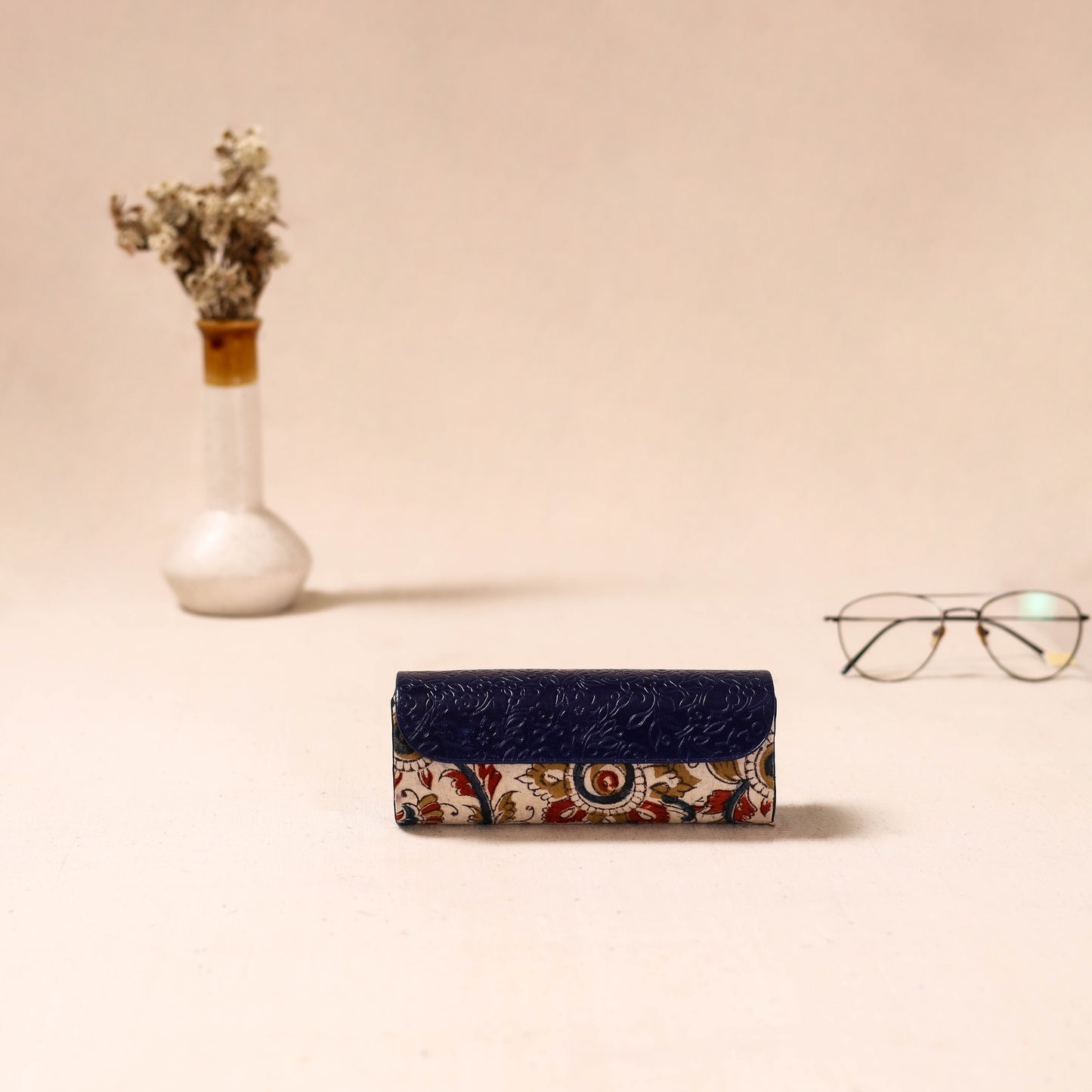 Embossed Leather Flap Kalamkari Spectacle Case by Asalkaar 08