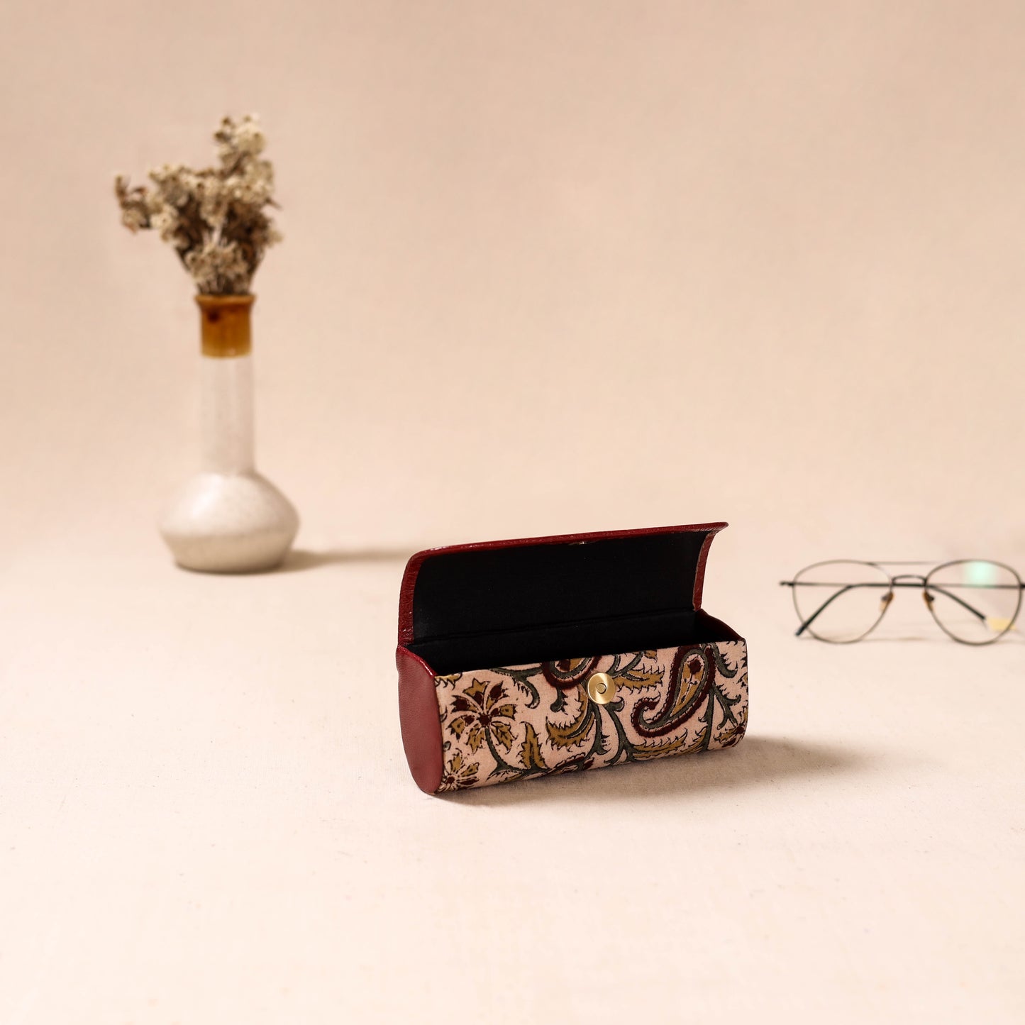 Embossed Leather Flap Kalamkari Spectacle Case by Asalkaar 09