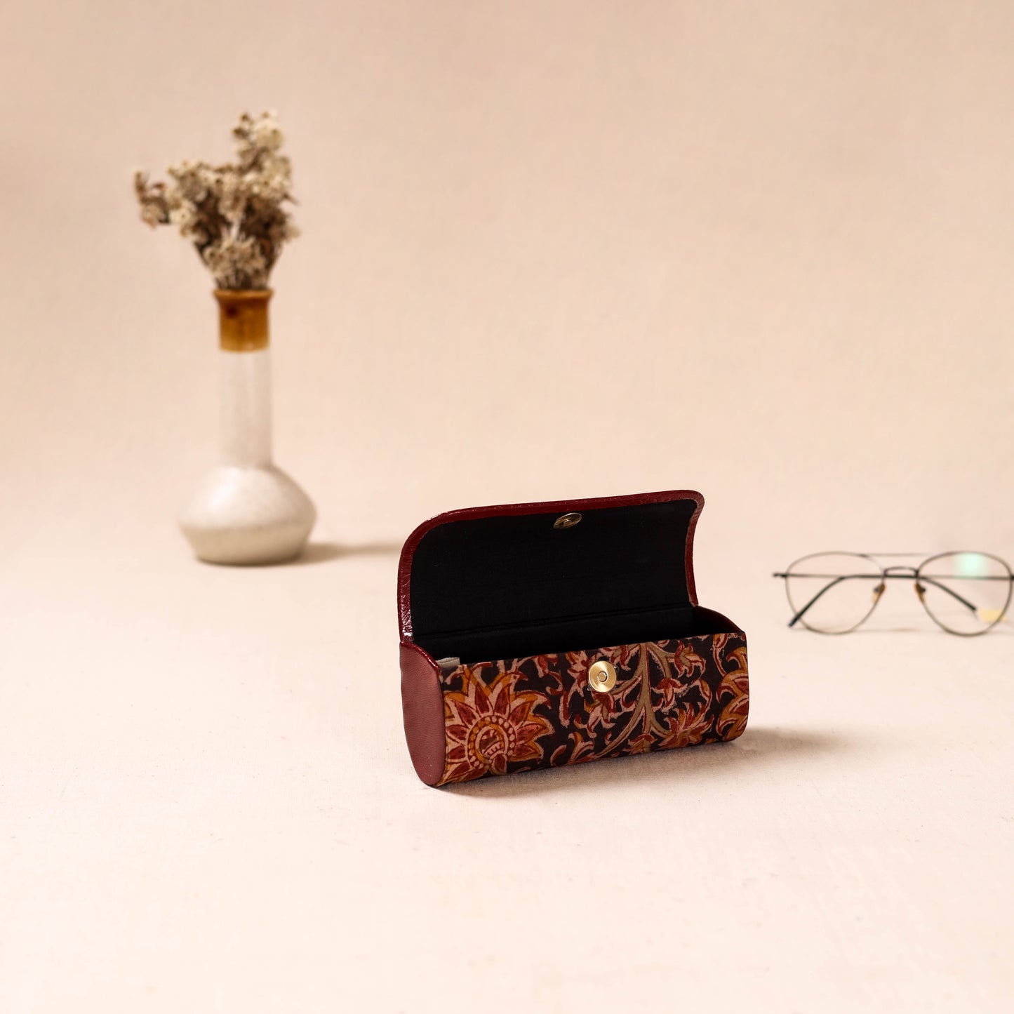 Embossed Leather Flap Kalamkari Spectacle Case by Asalkaar 12