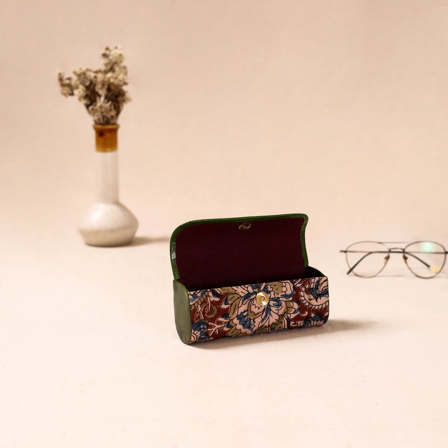 Embossed Leather Flap Kalamkari Spectacle Case by Asalkaar 16