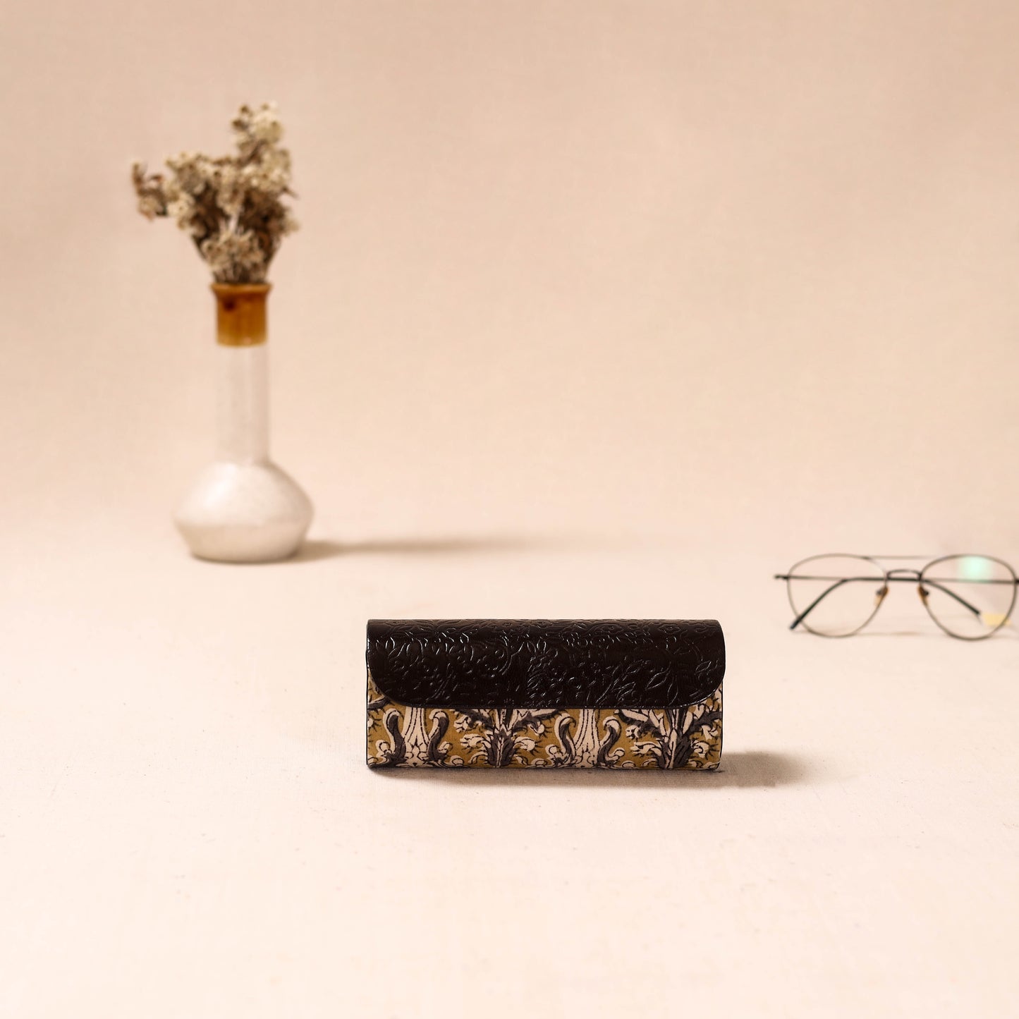 Embossed Leather Flap Kalamkari Spectacle Case by Asalkaar 17