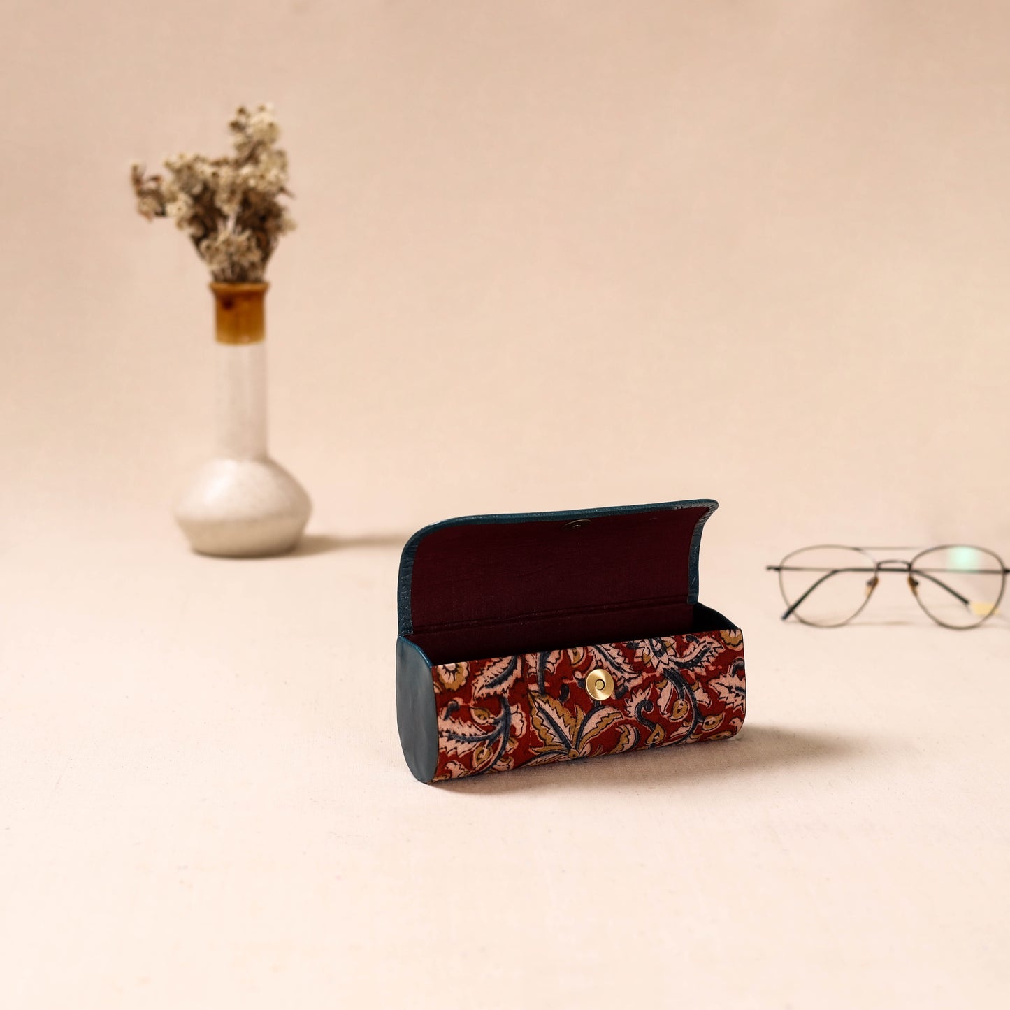 Embossed Leather Flap Kalamkari Spectacle Case by Asalkaar 19