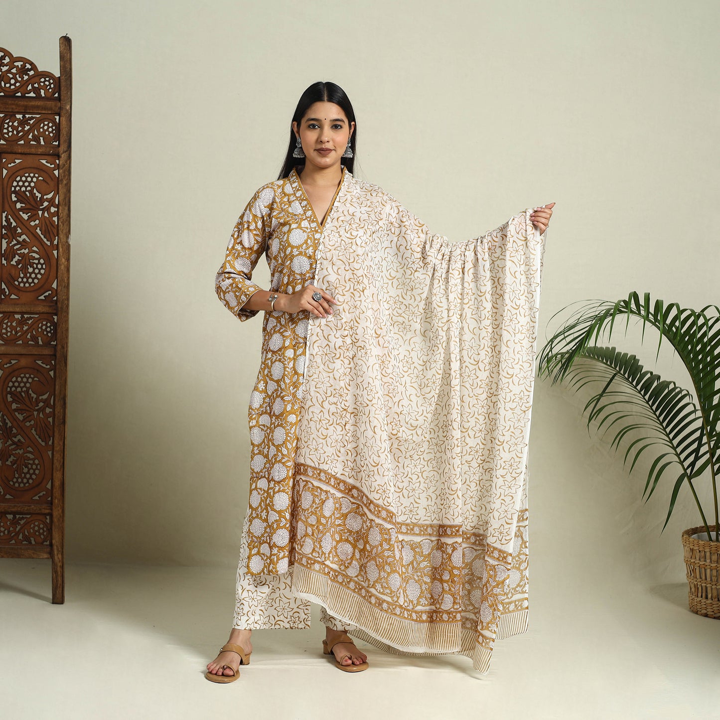 Buy Yellow Block Print Cotton Sanganeri Kurta Set