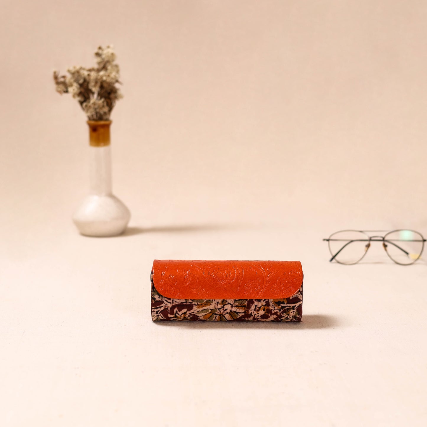 Embossed Leather Flap Kalamkari Spectacle Case by Asalkaar 21