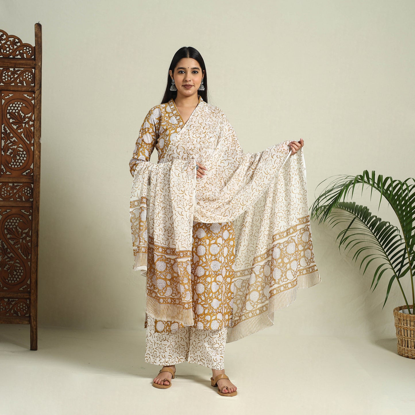 Buy Yellow Block Print Cotton Sanganeri Kurta Set