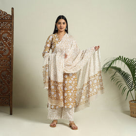 Buy Yellow Block Print Cotton Sanganeri Kurta Set