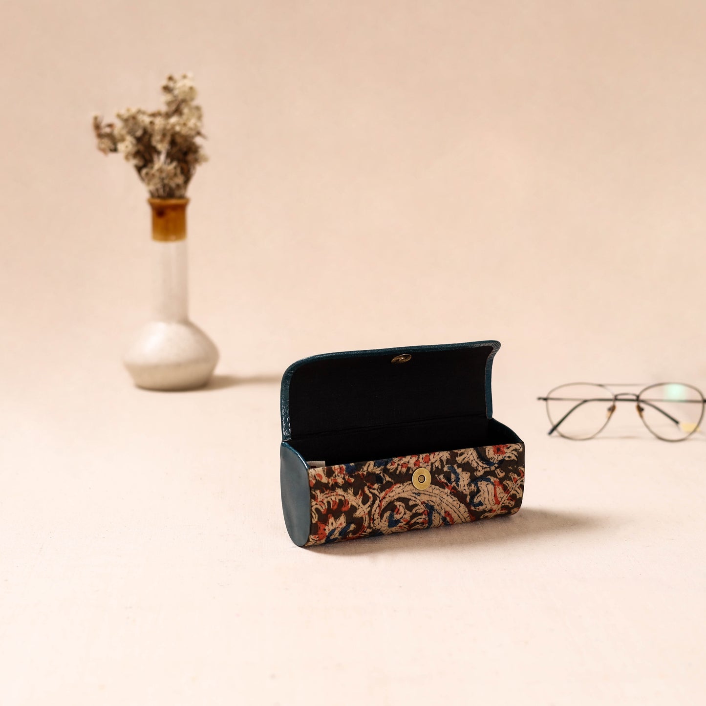 Embossed Leather Flap Kalamkari Spectacle Case by Asalkaar 25
