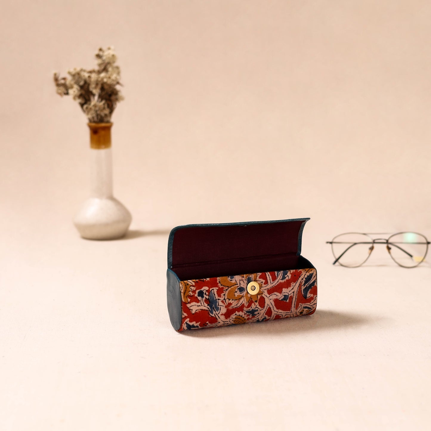 Embossed Leather Flap Kalamkari Spectacle Case by Asalkaar 26