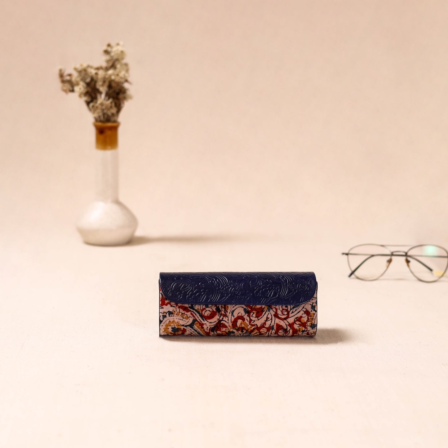 Embossed Leather Flap Kalamkari Spectacle Case by Asalkaar 31