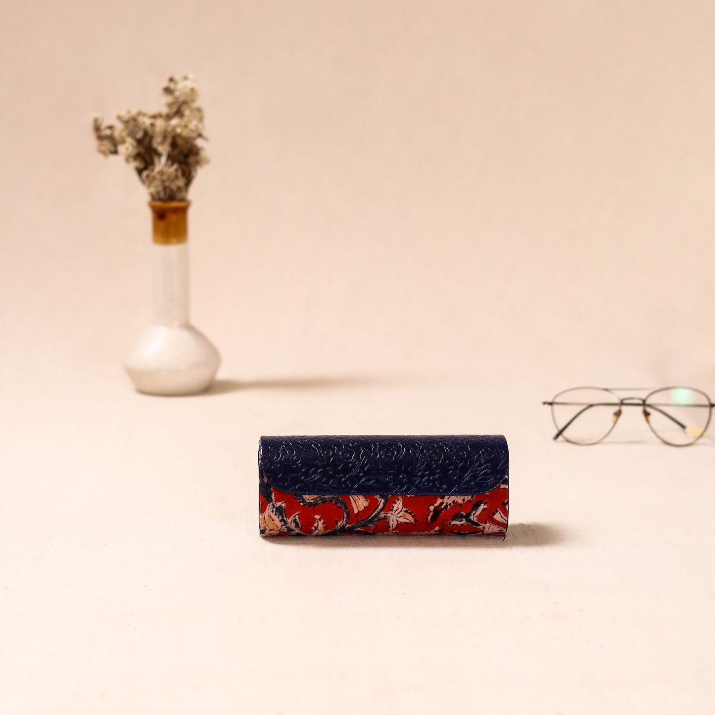 Embossed Leather Flap Kalamkari Spectacle Case by Asalkaar 32