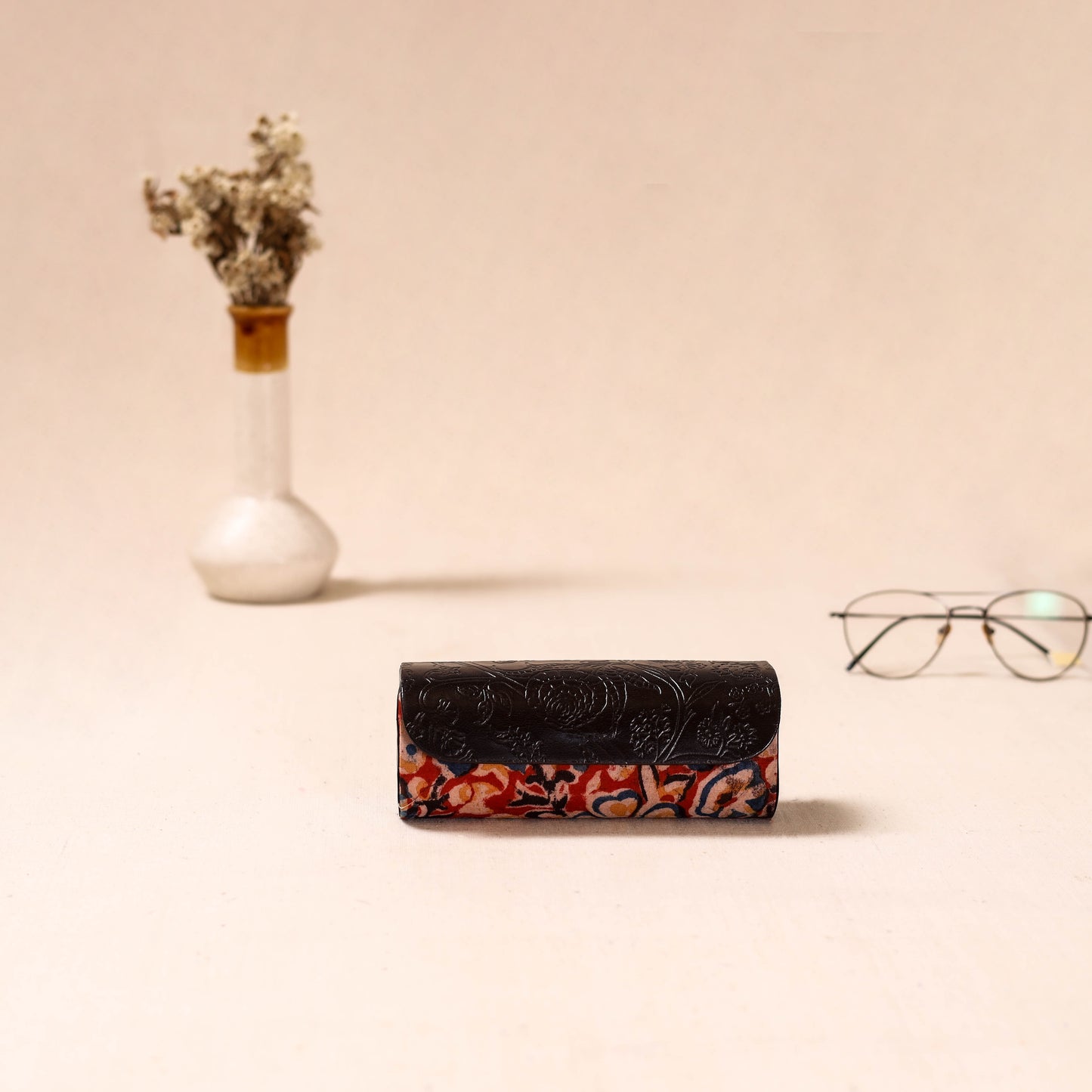 Embossed Leather Flap Kalamkari Spectacle Case by Asalkaar 34