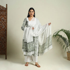  Grey Block Print Cotton Sanganeri Kurta Set