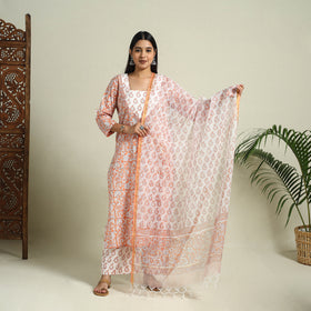  Peach Block Print Cotton Sanganeri Kurta Set