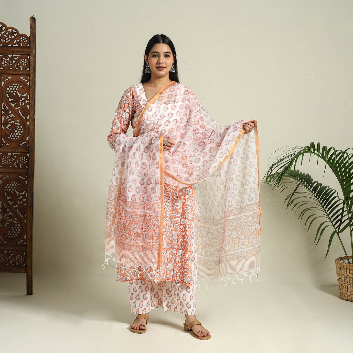  Peach Block Print Cotton Sanganeri Kurta Set