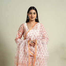  Peach Block Print Cotton Sanganeri Kurta Set