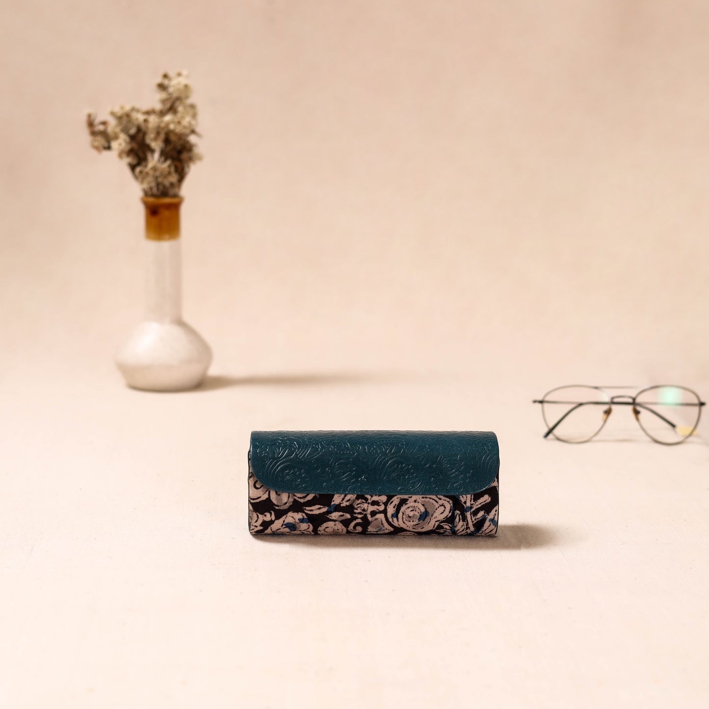 Embossed Leather Flap Kalamkari Spectacle Case by Asalkaar 47