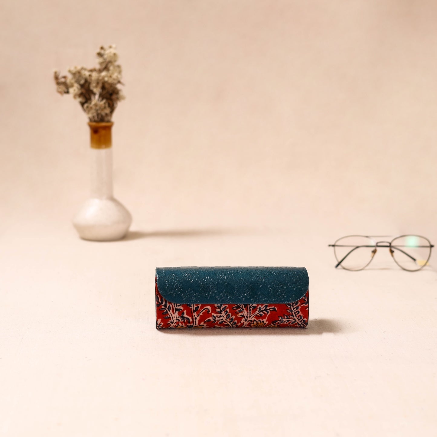 Embossed Leather Flap Kalamkari Spectacle Case by Asalkaar 49
