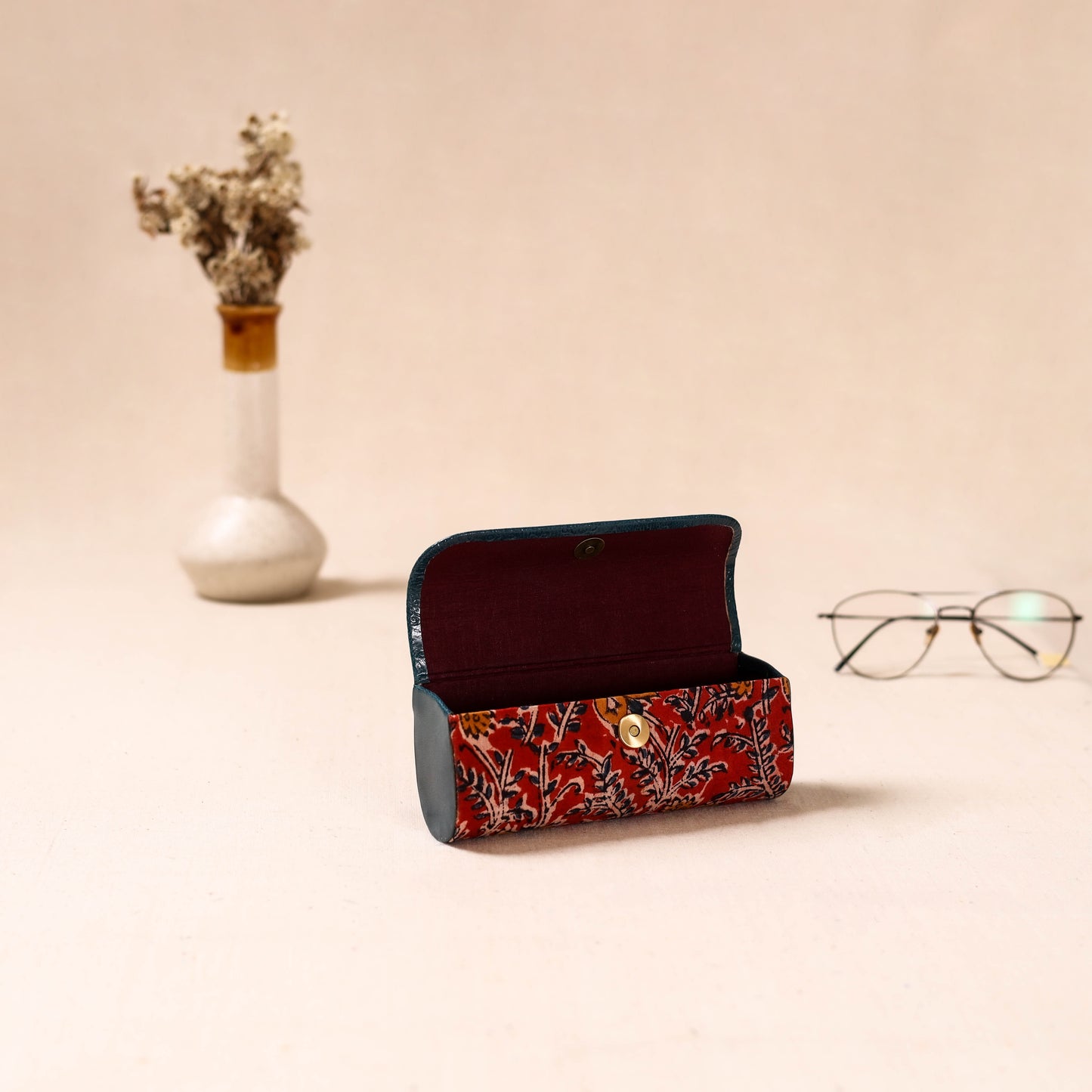Embossed Leather Flap Kalamkari Spectacle Case by Asalkaar 49
