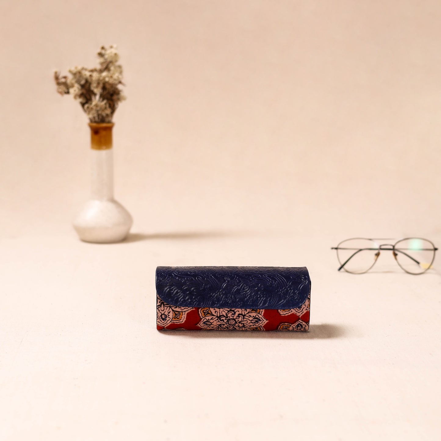 Embossed Leather Flap Kalamkari Spectacle Case by Asalkaar 51