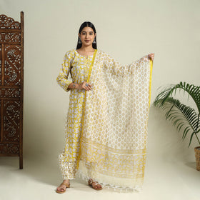 Buy Yellow Block Print Cotton Sanganeri Kurta Set
