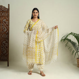 Buy Yellow Block Print Cotton Sanganeri Kurta Set
