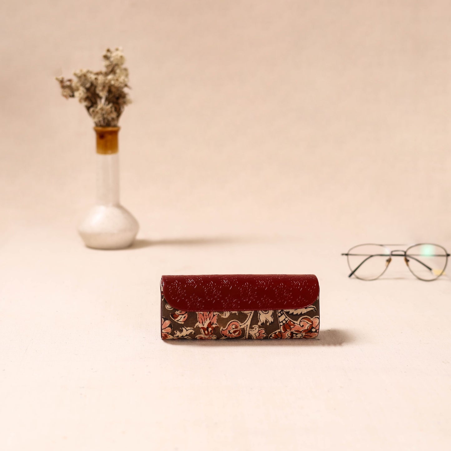Embossed Leather Flap Kalamkari Spectacle Case by Asalkaar 52
