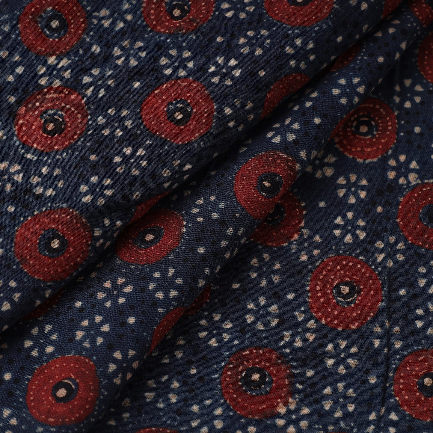 Blue - Red Circle Flower Ajrakh Natural Dyed Hand Block Printed Cotton Fabric 42