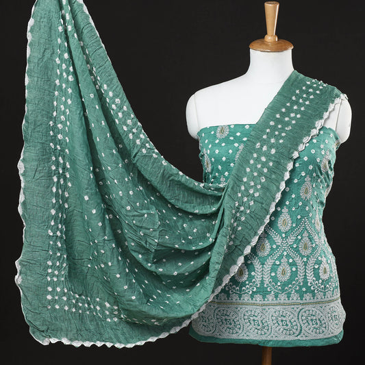 Green - 3pc Bandhani Tie-Dye Cotton Suit Material Set