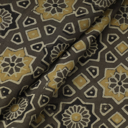 Brown - Beige Stars Florals Ajrakh Natural Dyed Hand Block Printed Cotton Fabric 40