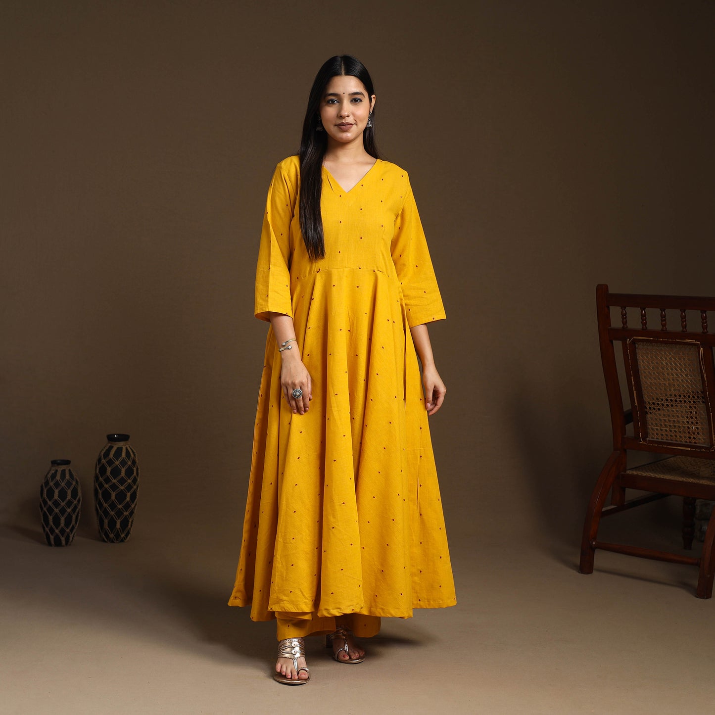 Buy Yellow Flared Cotton Jacquard Kurta with Palazzo Set