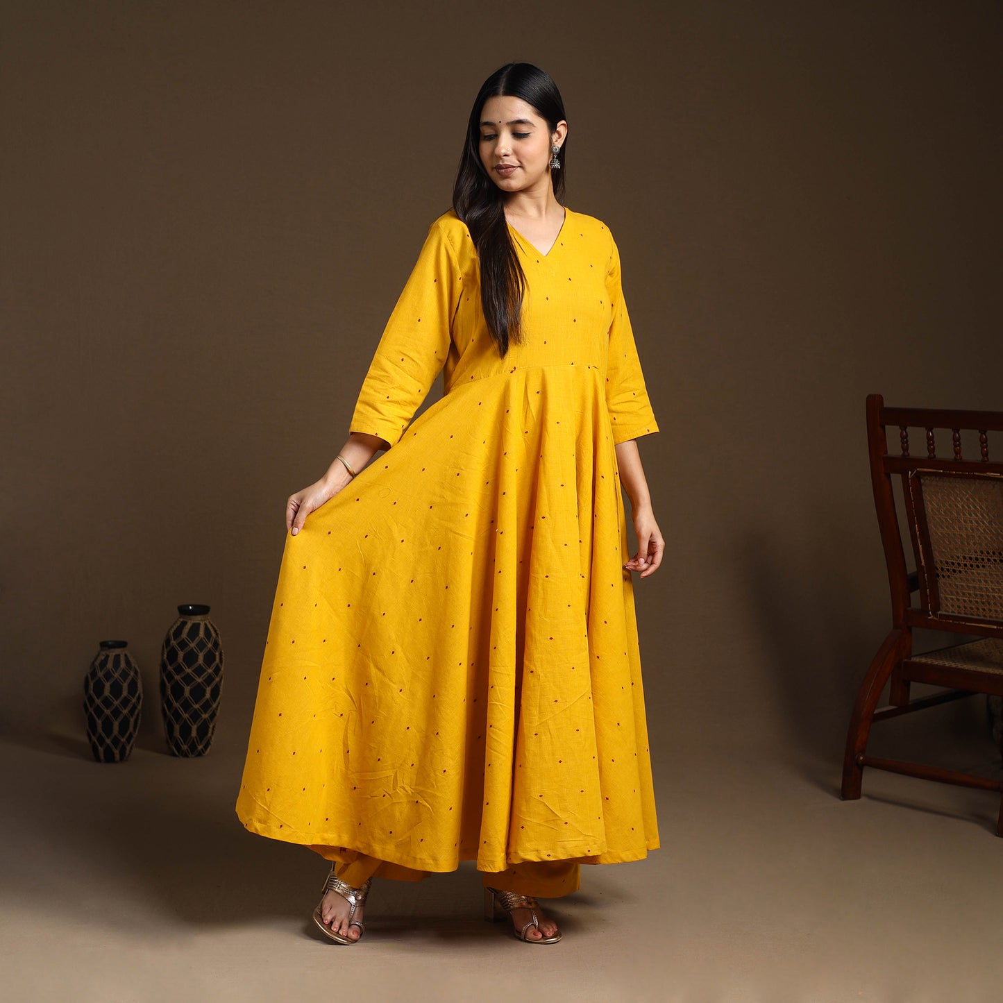 Buy Yellow Flared Cotton Jacquard Kurta with Palazzo Set