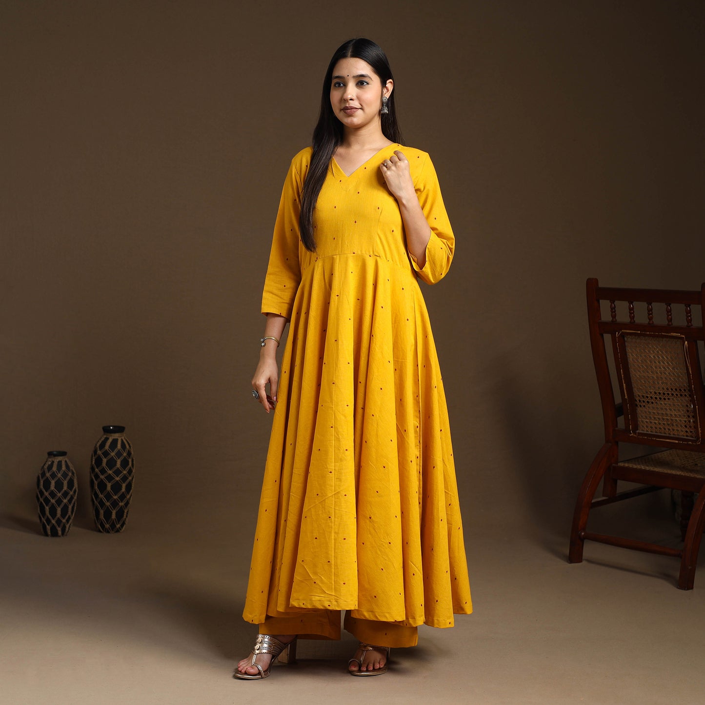 Buy Yellow Flared Cotton Jacquard Kurta with Palazzo Set
