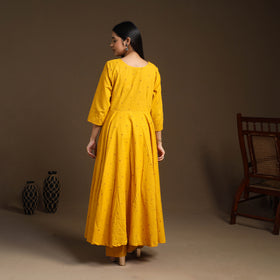 Buy Yellow Flared Cotton Jacquard Kurta with Palazzo Set