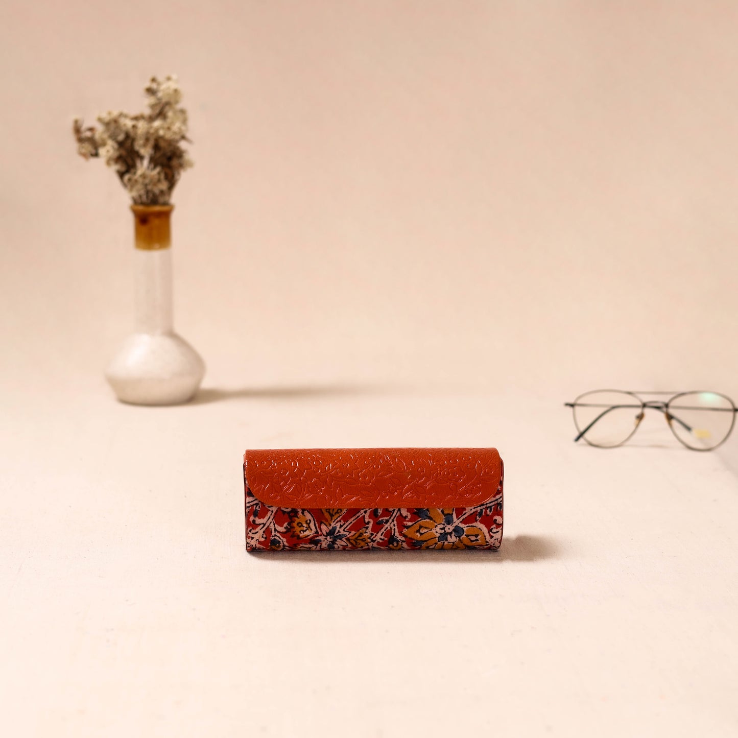 Embossed Leather Flap Kalamkari Spectacle Case by Asalkaar 66