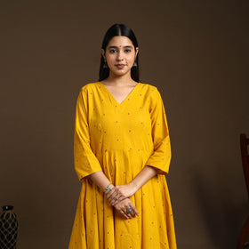 Buy Yellow Flared Cotton Jacquard Kurta with Palazzo Set