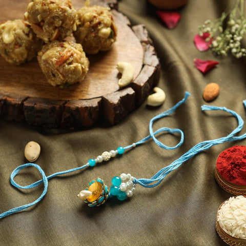 Beadwork Bhaiya Bhabhi Rakhi with Dry Fruit Laddu