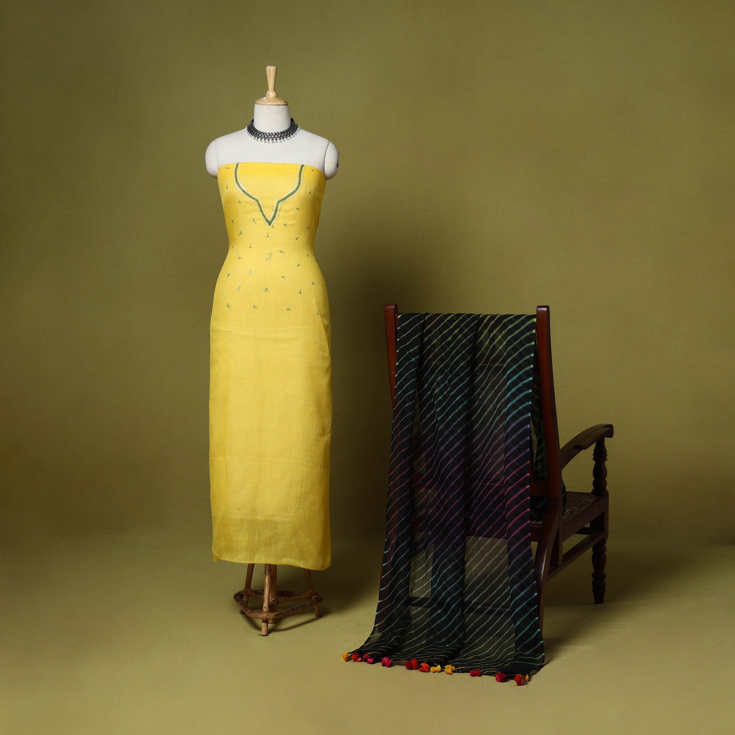 Yellow - 2pc cotton unstitched hand embroidery kota doria